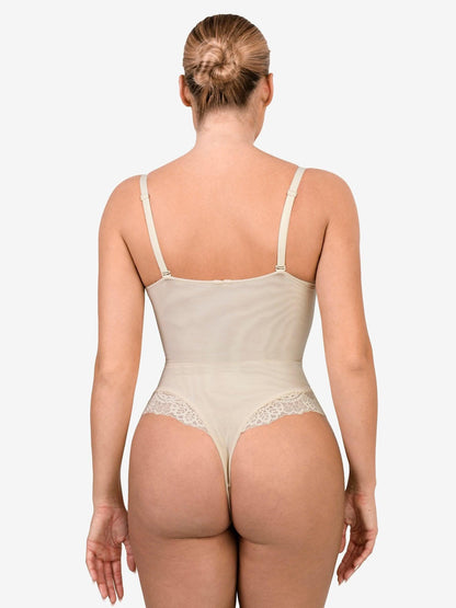 Deep - V Neck Lace Thong Bodysuit - ShopLorca
